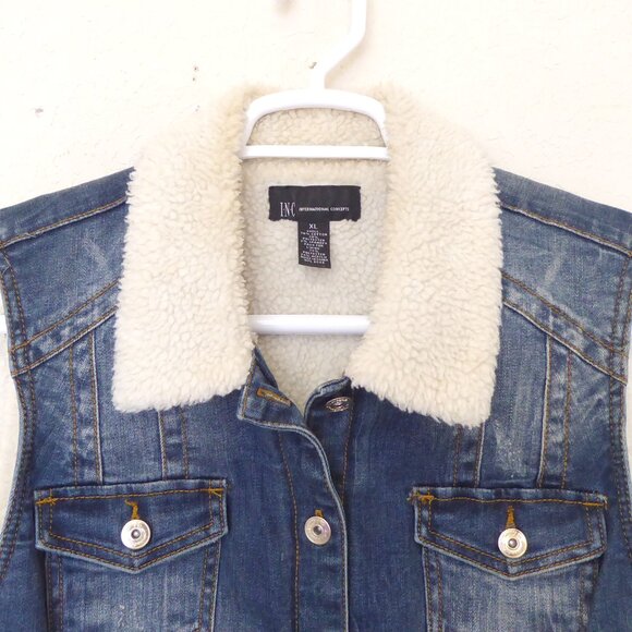 INC lightly distressed dark blue denim vest with shearling lining size XL - Picture 2 of 6